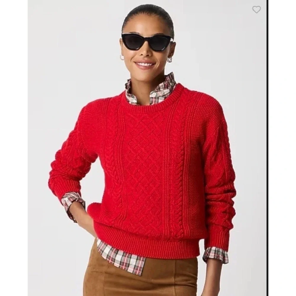J.Crew Womens 2X Red Cable Knit Sweater 100% Cotton Crewneck Pullover Fisherman - Picture 10 of 10